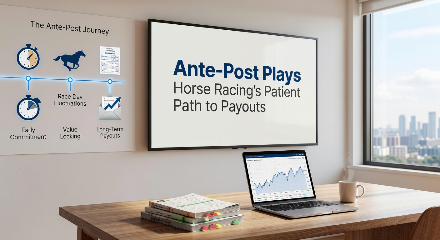 Horse racing track with punters studying form guides under sunny skies, highlighting the anticipation of ante-post betting