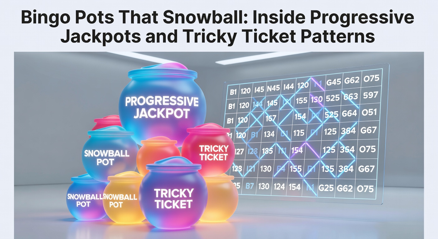 Vibrant bingo hall with glowing progressive jackpot display showing escalating prize amounts amid excited players marking tickets