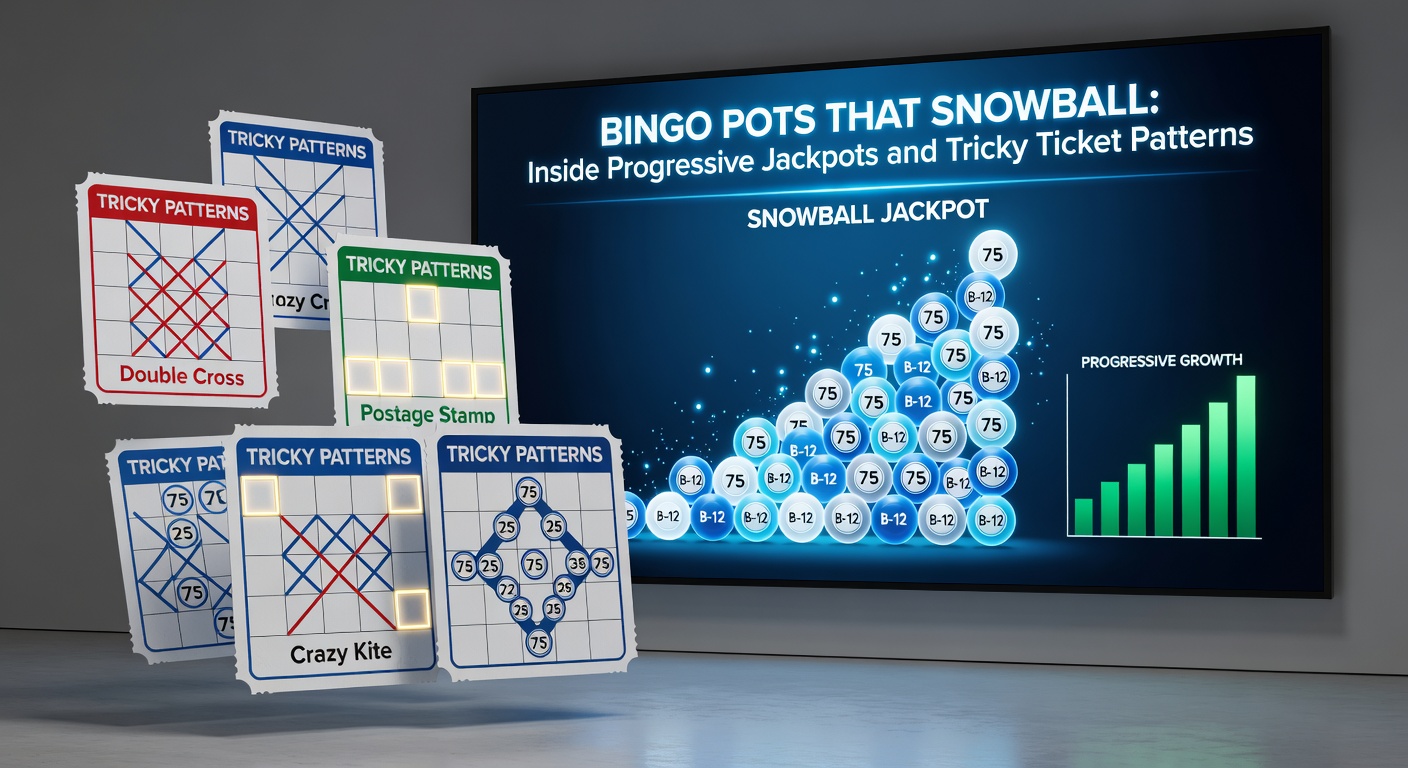 Close-up of bingo tickets showcasing complex patterns such as letters, shapes, and full coverage grids under jackpot spotlights