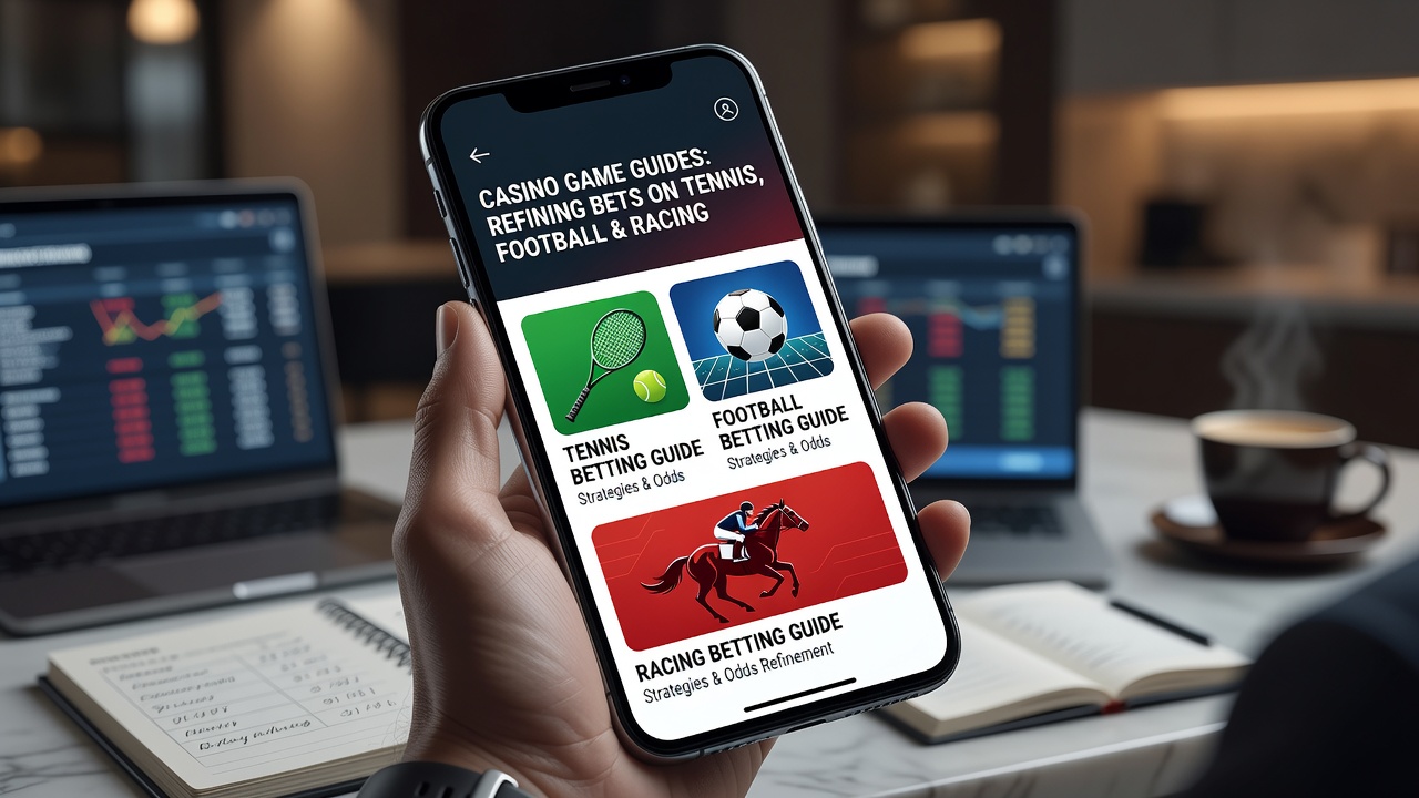 Mobile app interface displaying casino game guides alongside tennis football and racing betting options
