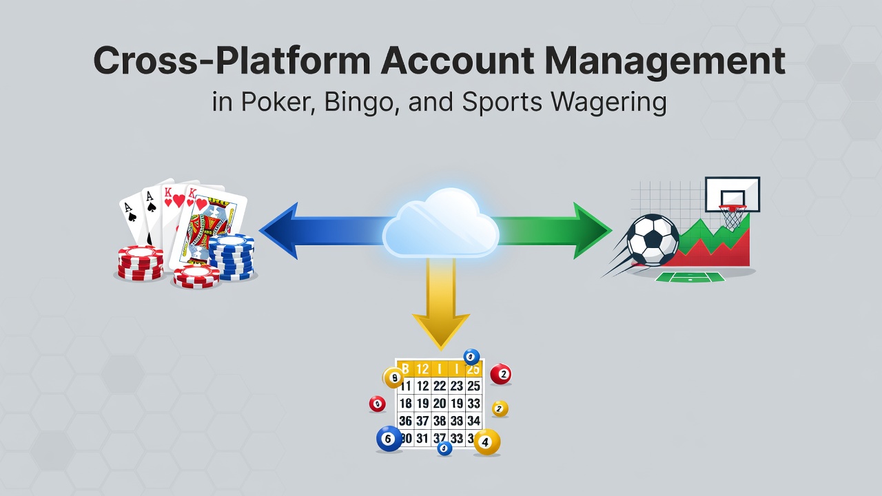 Illustration of interconnected digital accounts across poker tables, bingo halls, and sports betting interfaces on multiple devices