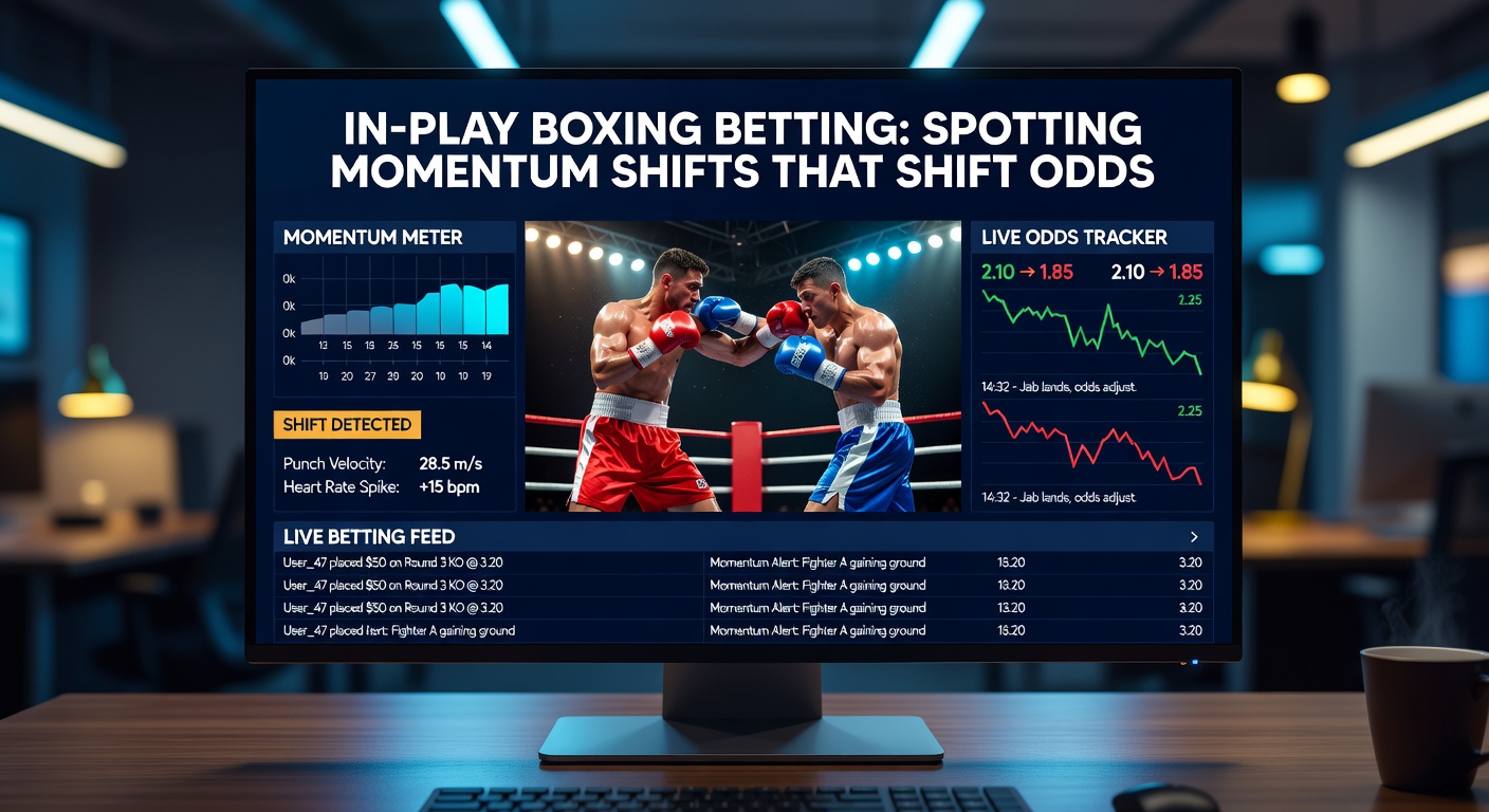 Close-up of odds screen shifting live during a boxing round, with momentum indicators overlaid