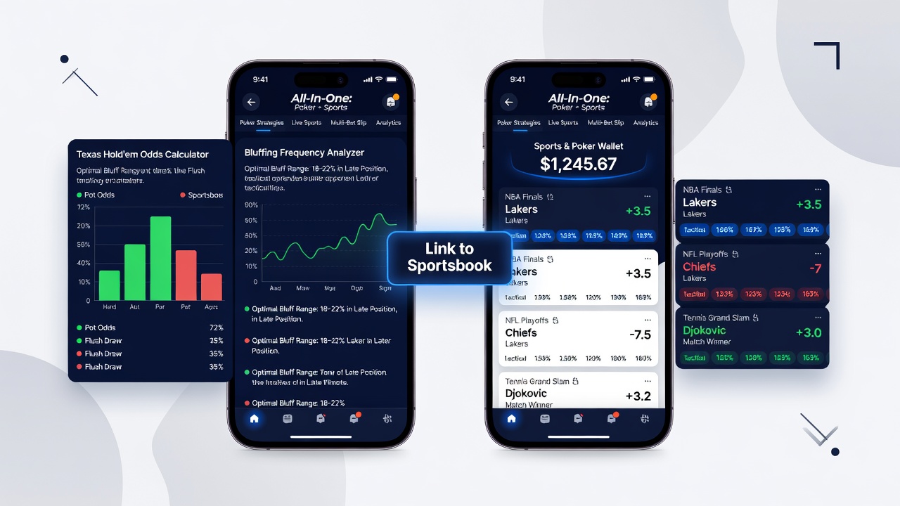Close-up of a tablet interface displaying poker range charts next to live multi-sport betting odds for football, horse racing, and basketball