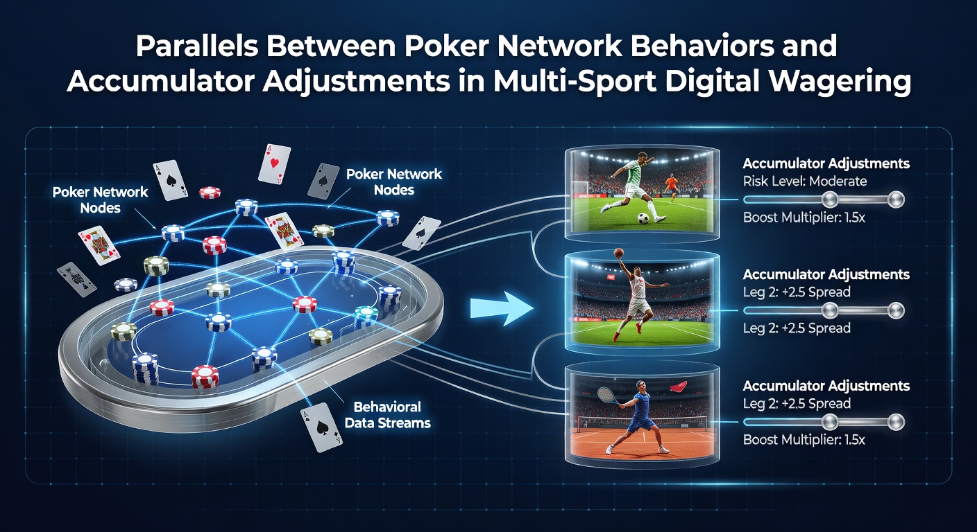 Illustration showing interconnected poker tables alongside digital sports betting interfaces with accumulator selections highlighted
