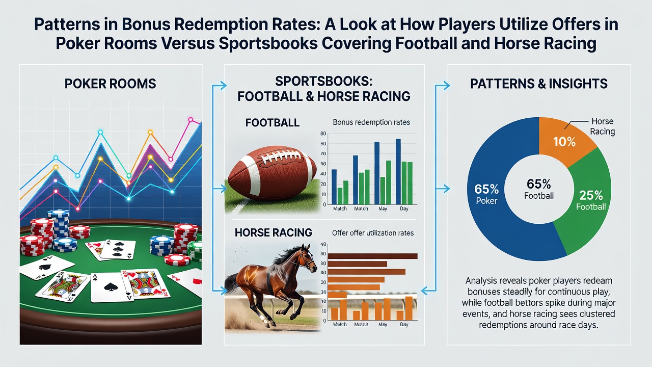 Infographic showing bonus redemption patterns across poker rooms and sportsbooks for football and horse racing events