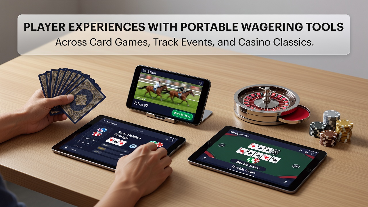 Mobile devices displaying various wagering apps for card games, horse racing, and casino games