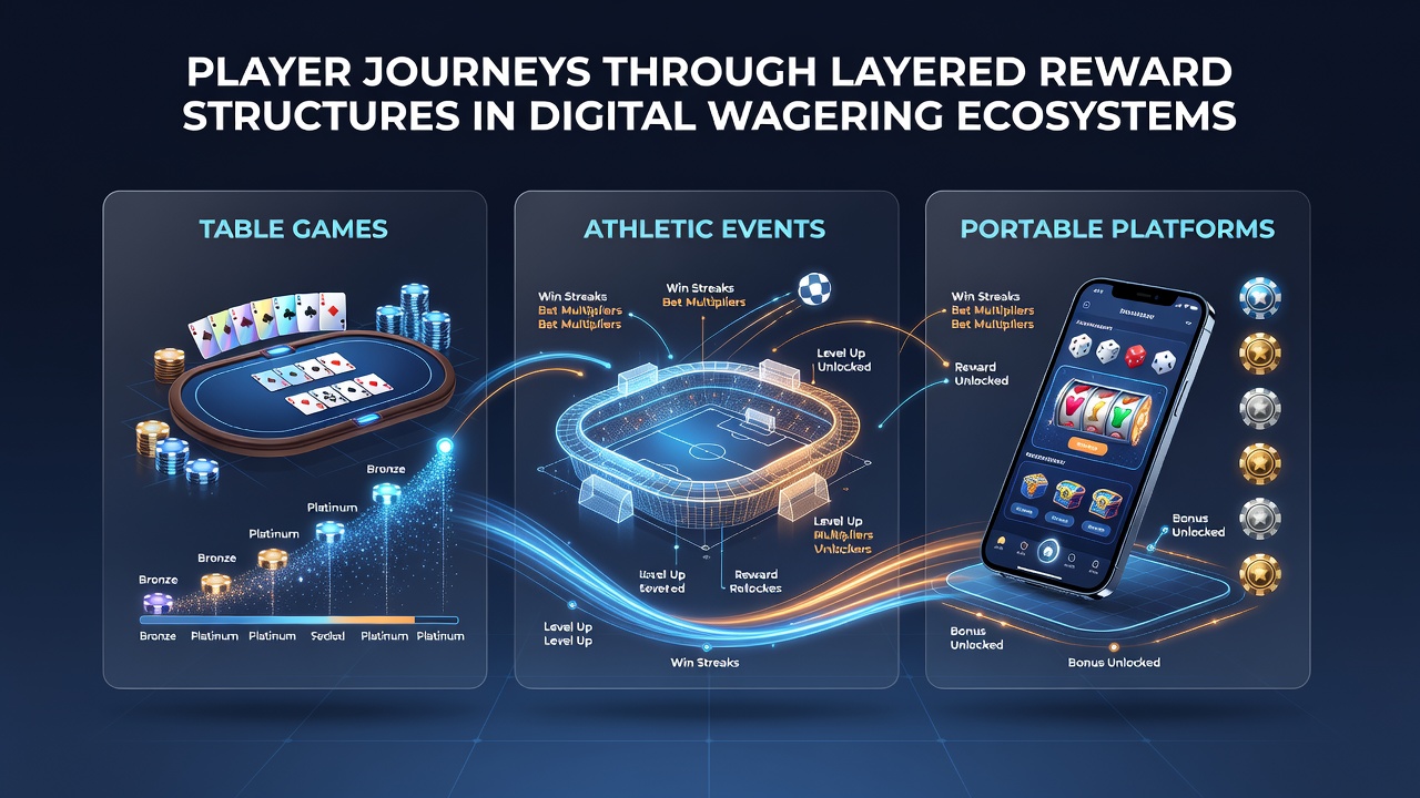Digital interface showing layered reward tiers for table games and sports betting on multiple devices