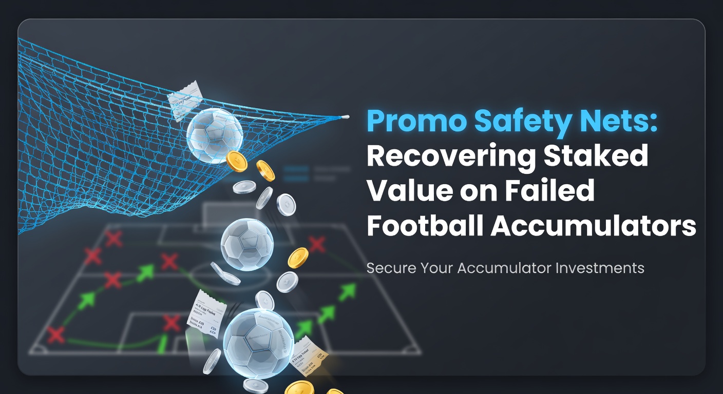 Digital illustration of a football accumulator bet slipping through a safety net, with stake value bouncing back as coins
