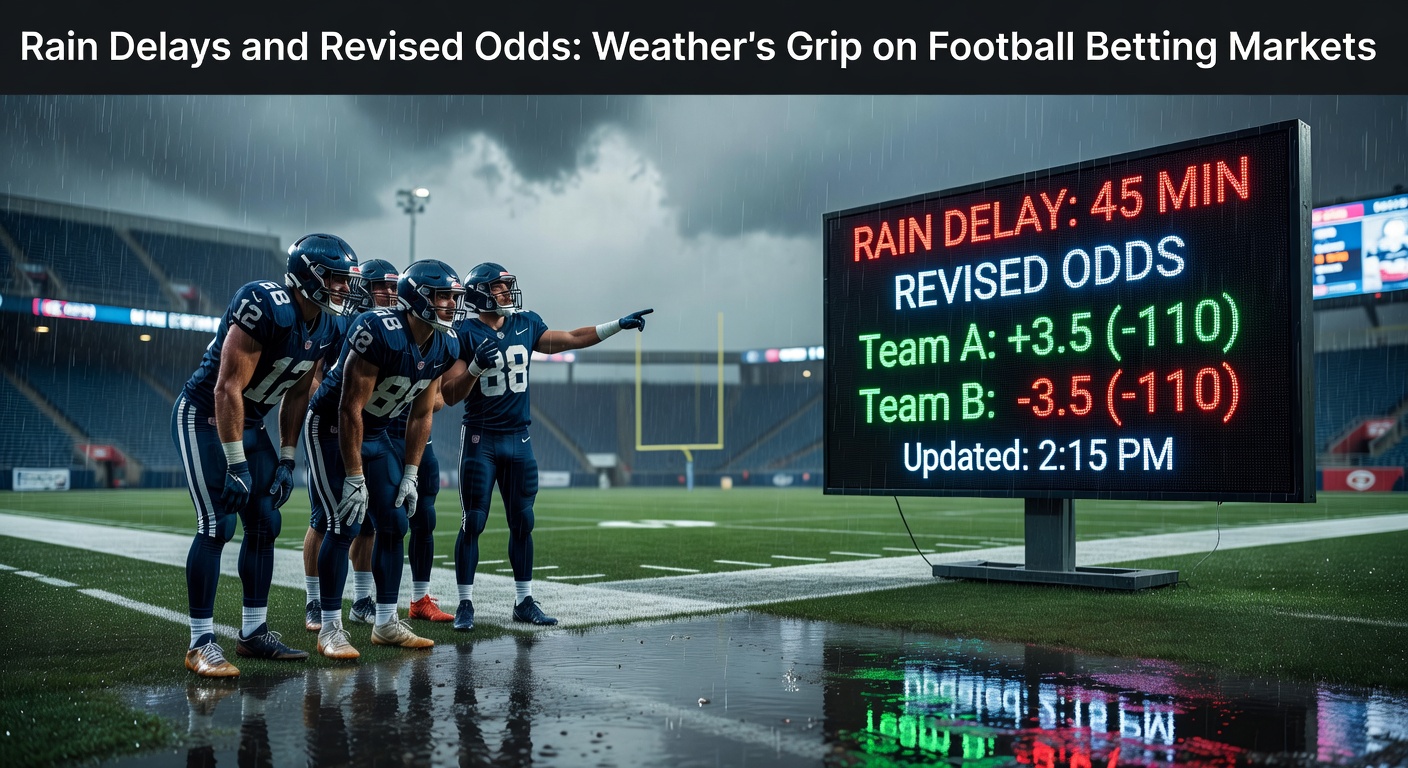 A football stadium under heavy rain with players huddled during a delay, highlighting weather's disruption to matches and betting lines