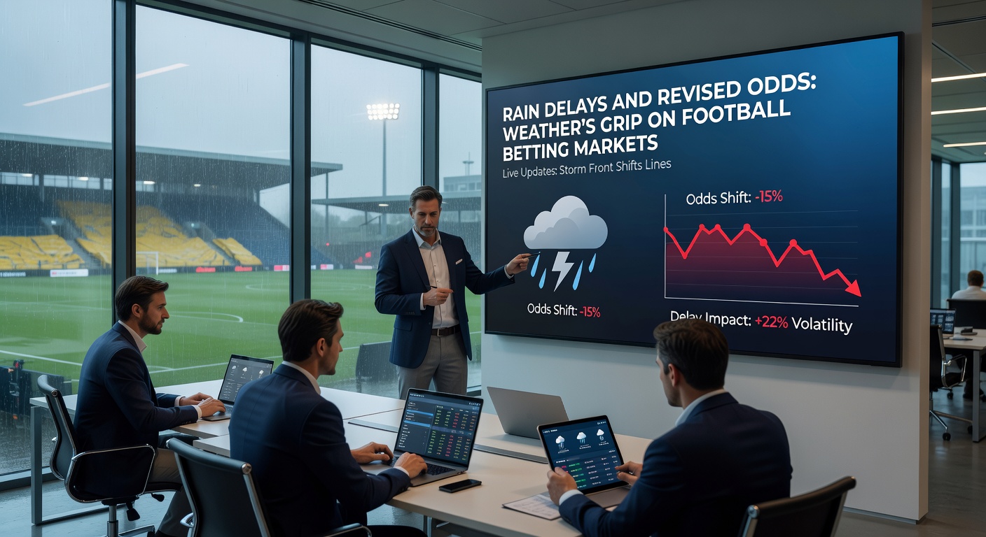 Bookmakers' screens showing rapidly changing odds during a rain-delayed NFL game, with graphs illustrating market shifts
