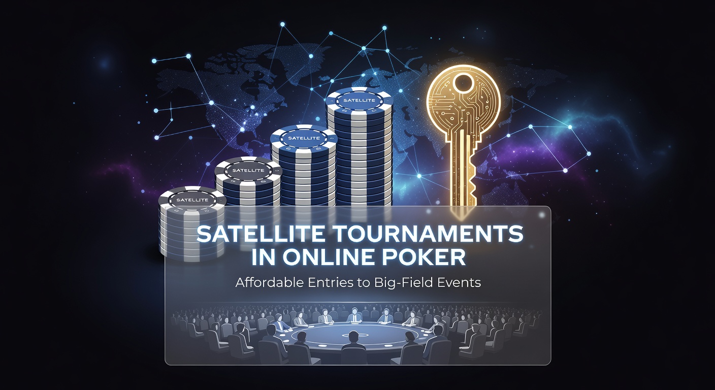 Online poker player at a computer screen showing a satellite tournament lobby with low buy-ins leading to big events
