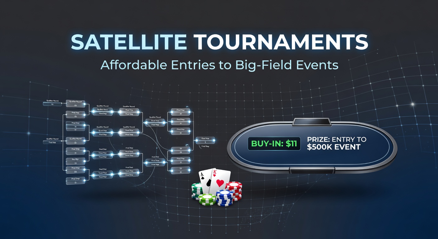 Graphic illustrating a satellite tournament payout structure, showing low buy-ins funneling into high-value main event seats