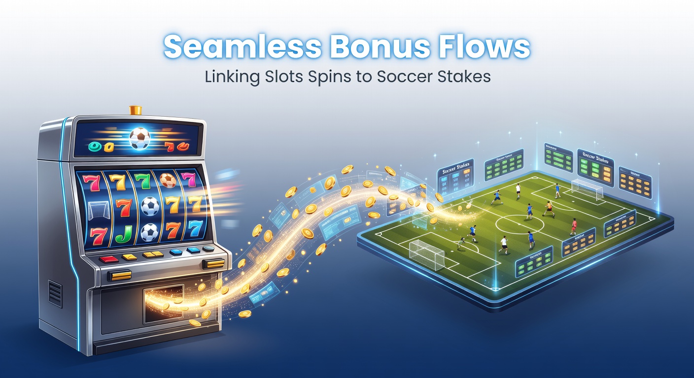 Digital graphic showing bonus credits flowing from colorful slot reels directly into a soccer goal net, symbolizing integrated gaming rewards