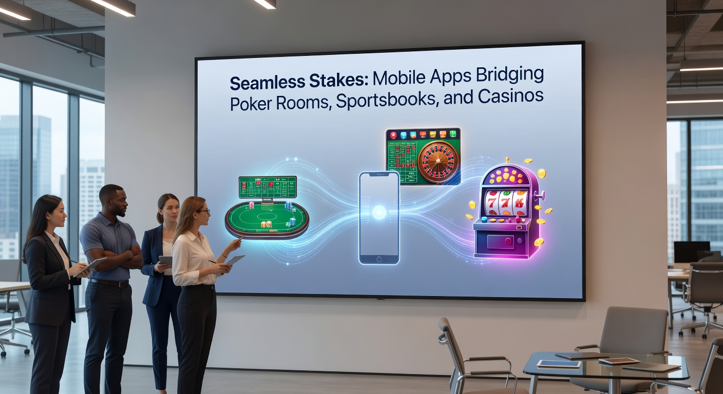 Diverse group of mobile users engaging with poker, sports betting, and casino features on integrated gambling apps during a live event