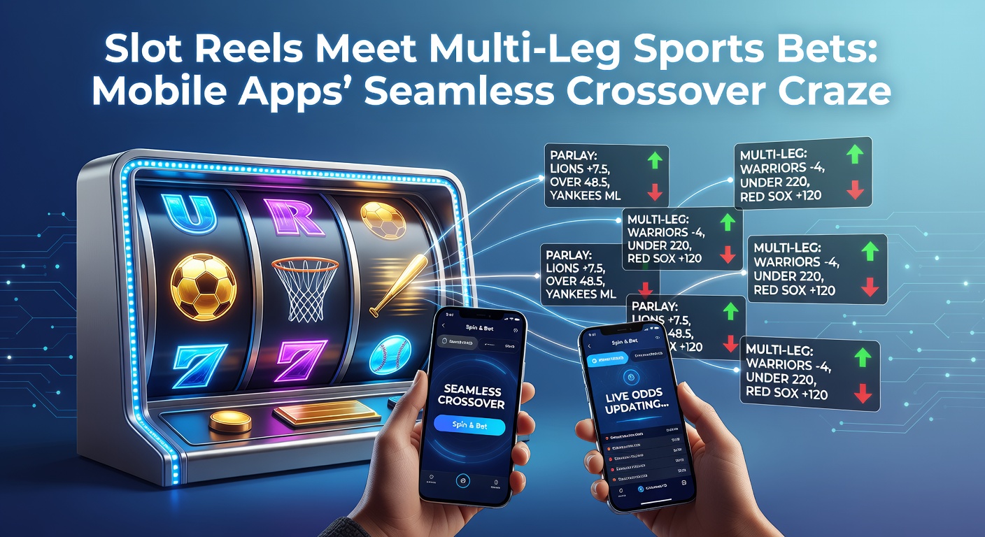 Smartphone screen displaying a mobile betting app with slot reels spinning alongside a multi-leg sports accumulator bet interface
