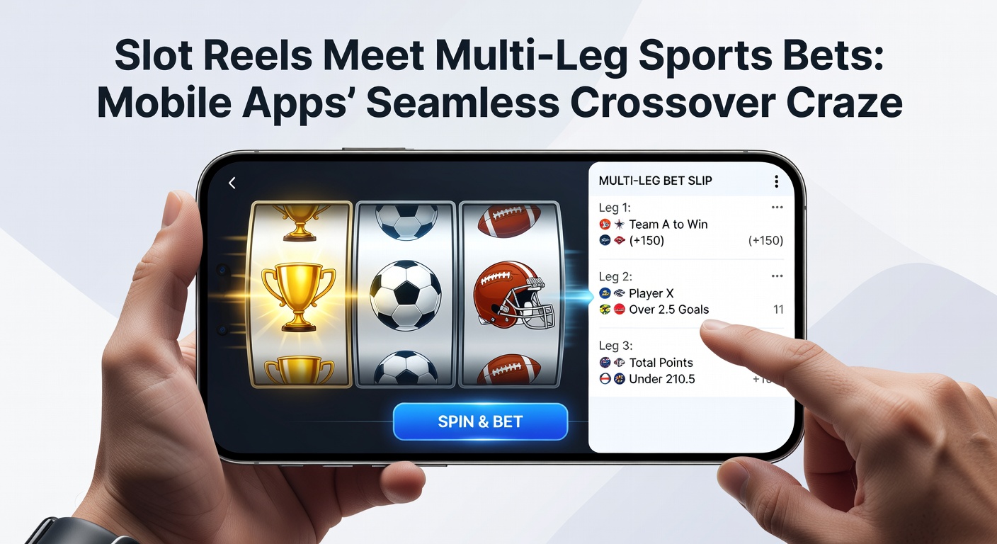 Close-up of a mobile app feature combining a spinning slot reel with overlaid multi-leg sports bet selections and payout multipliers