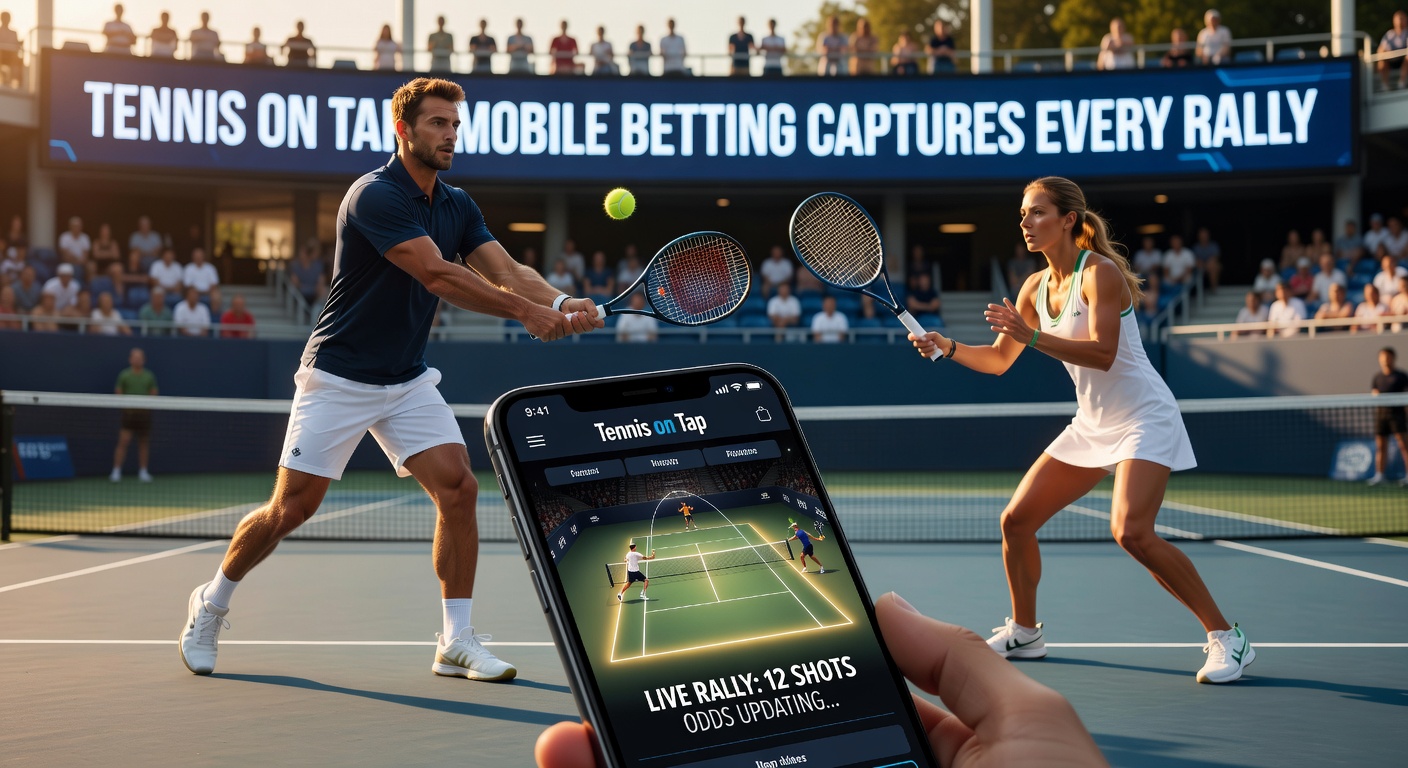 Smartphone displaying a live tennis match betting app with odds updating in real-time during a rally
