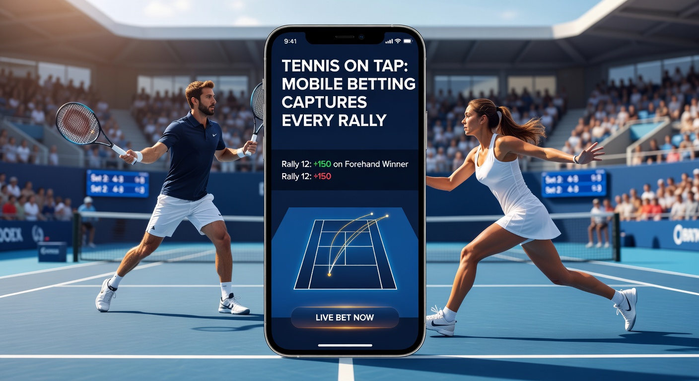 Tennis player mid-rally on court with overlaid mobile betting odds and app interface