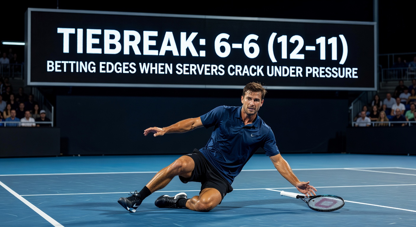 Intense tennis tiebreak moment with player serving under pressure, crowd in background