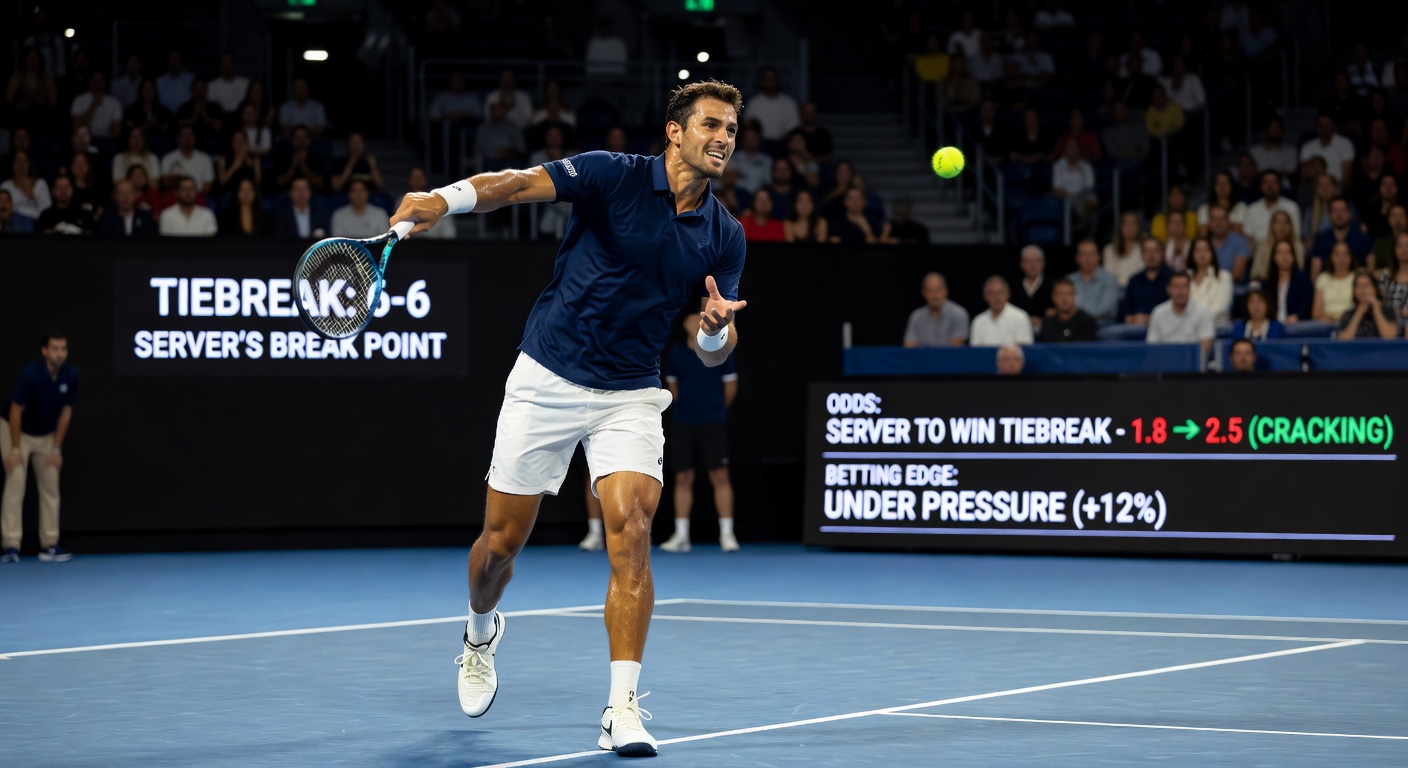 Tennis player double-faulting in a crucial tiebreak, opponent celebrating