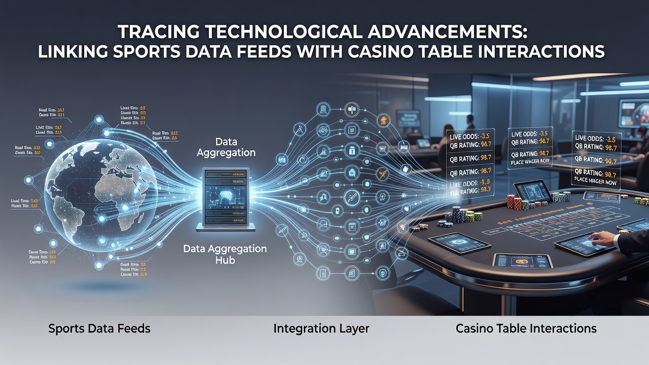 Casino table with overlaid digital interfaces displaying sports data feeds and player interaction metrics